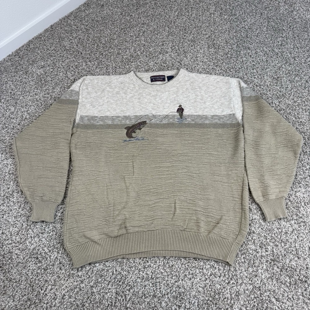 Vintage Roundtree & Yorke Sweater Mens Large Beige Fish 3D Knit USA Grandpa 90s